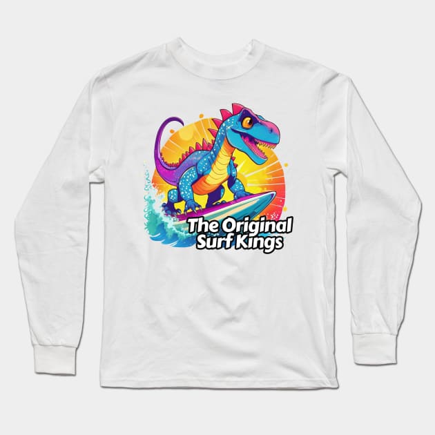 Anime Dinosaur Surfing Funny T-rex Long Sleeve T-Shirt by sovadesignstudio
